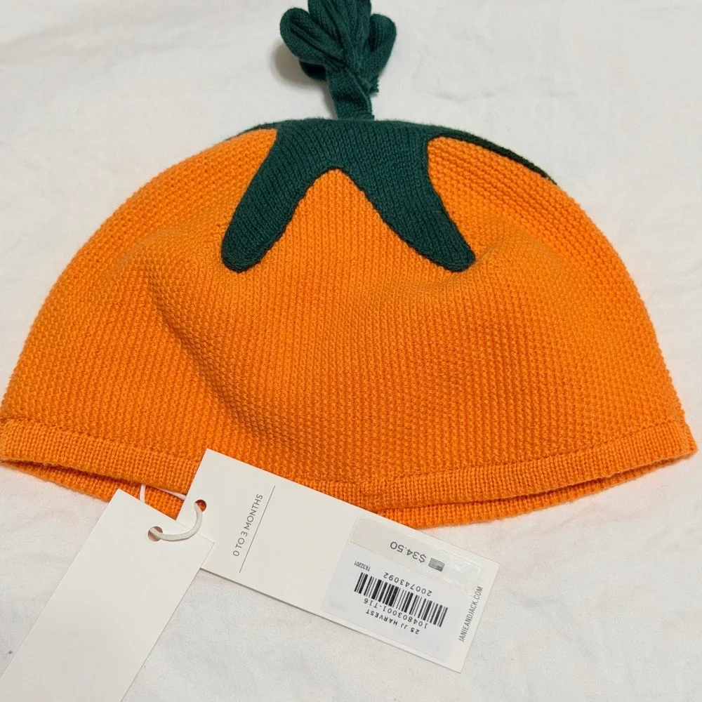 Janie‎ and Jack Baby Pumpkin Knit Hat Orange Green 0-3 Months NWT